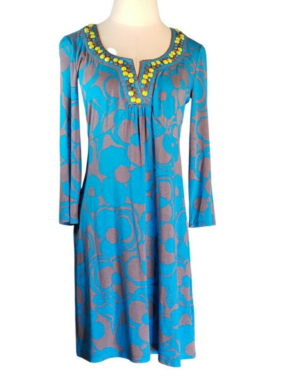 Boden Teal & Gray Bold Floral 3/4-Sleeve Embellished Dress 8 Mod Resort Casual